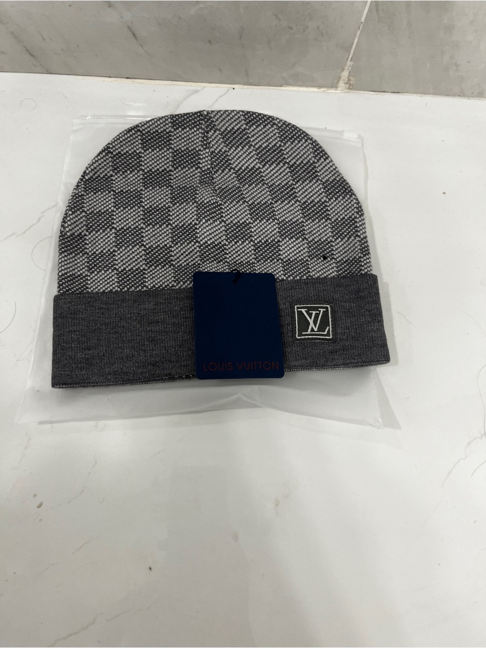 Louis Vuitton Gray Checkered Cuffed Beanie with LV Patch - Picture 1 of 3